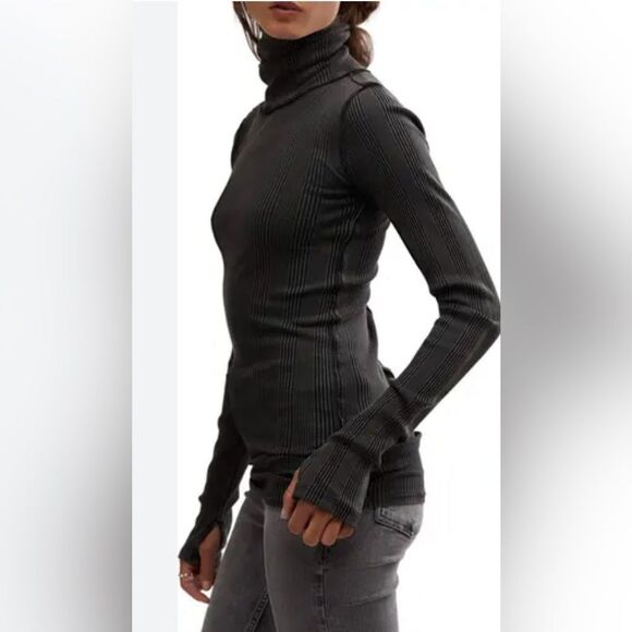 free people XS Black Brynn Turtleneck Scrunched Ribbed Thermal Cotton Top - Picture 5 of 16